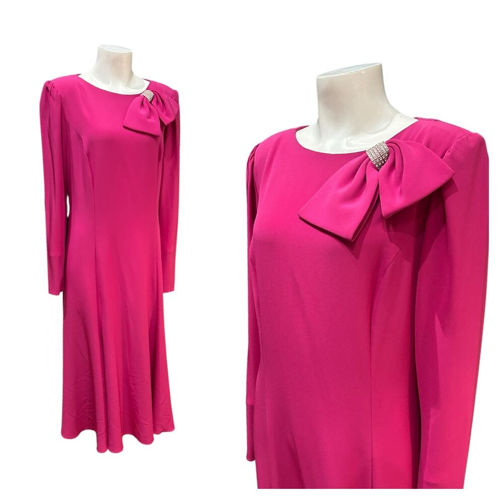 Vintage 1980s Miss Elliette Hot Pink Bow Shoulder Dress / women’s Large -